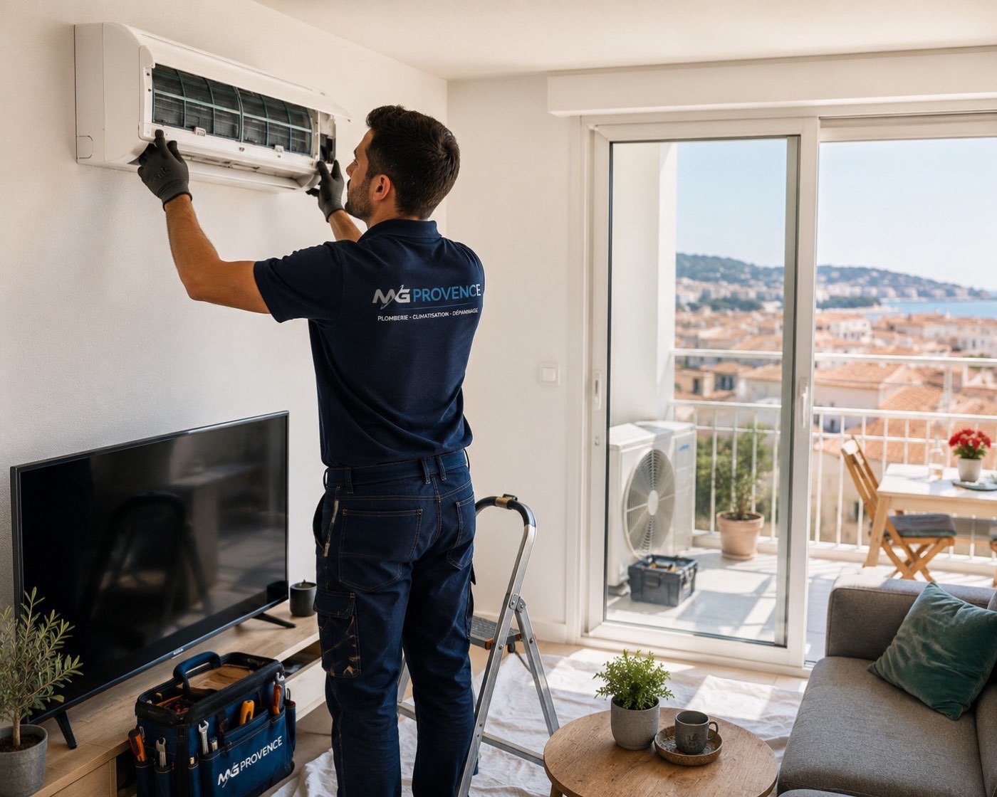 Technicien MG Provence installant un climatiseur mural réversible