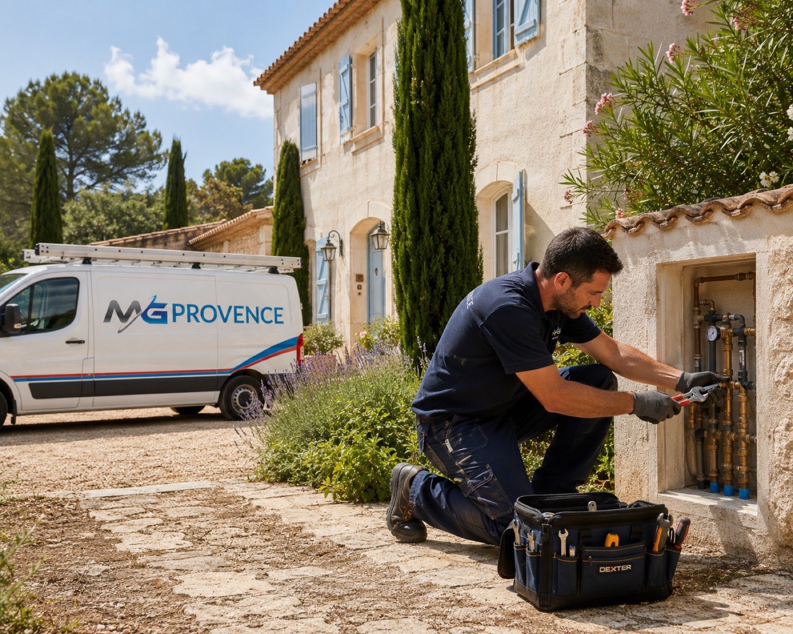 Plombier MG Provence intervenant sur une installation devant une maison provençale